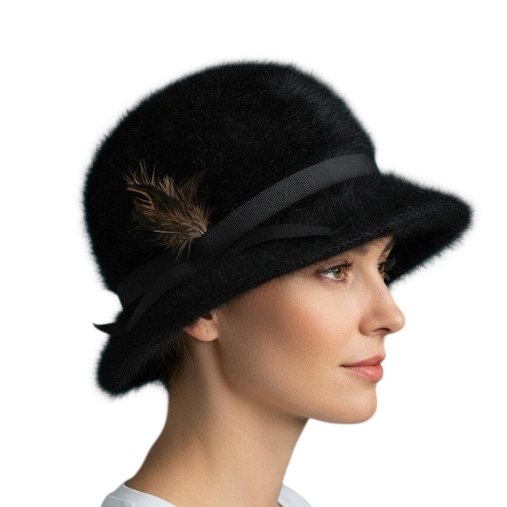 Vintage Black Rabbit fur cloche hat Made in England